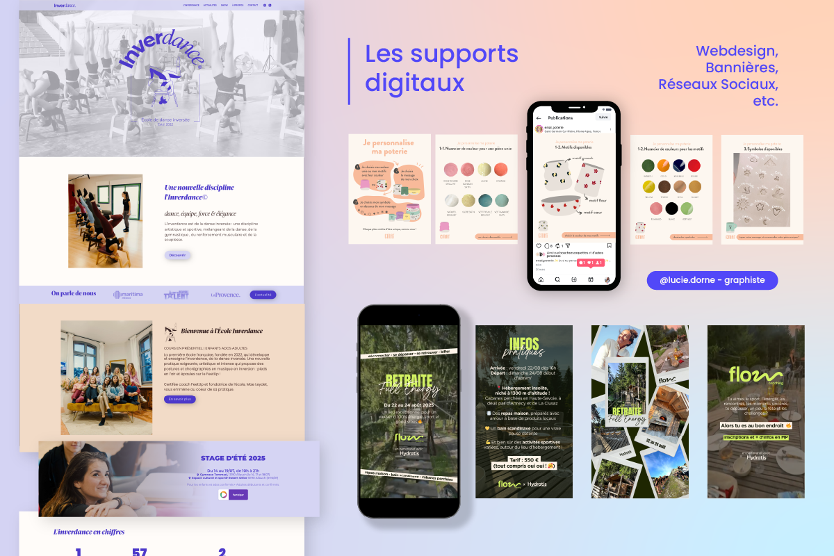 Ensemble de supports digitaux réalisés par Lucie Dorne graphiste : un site internet pour Inverdance, un post pour emai poterie, des stories pour flow coaching