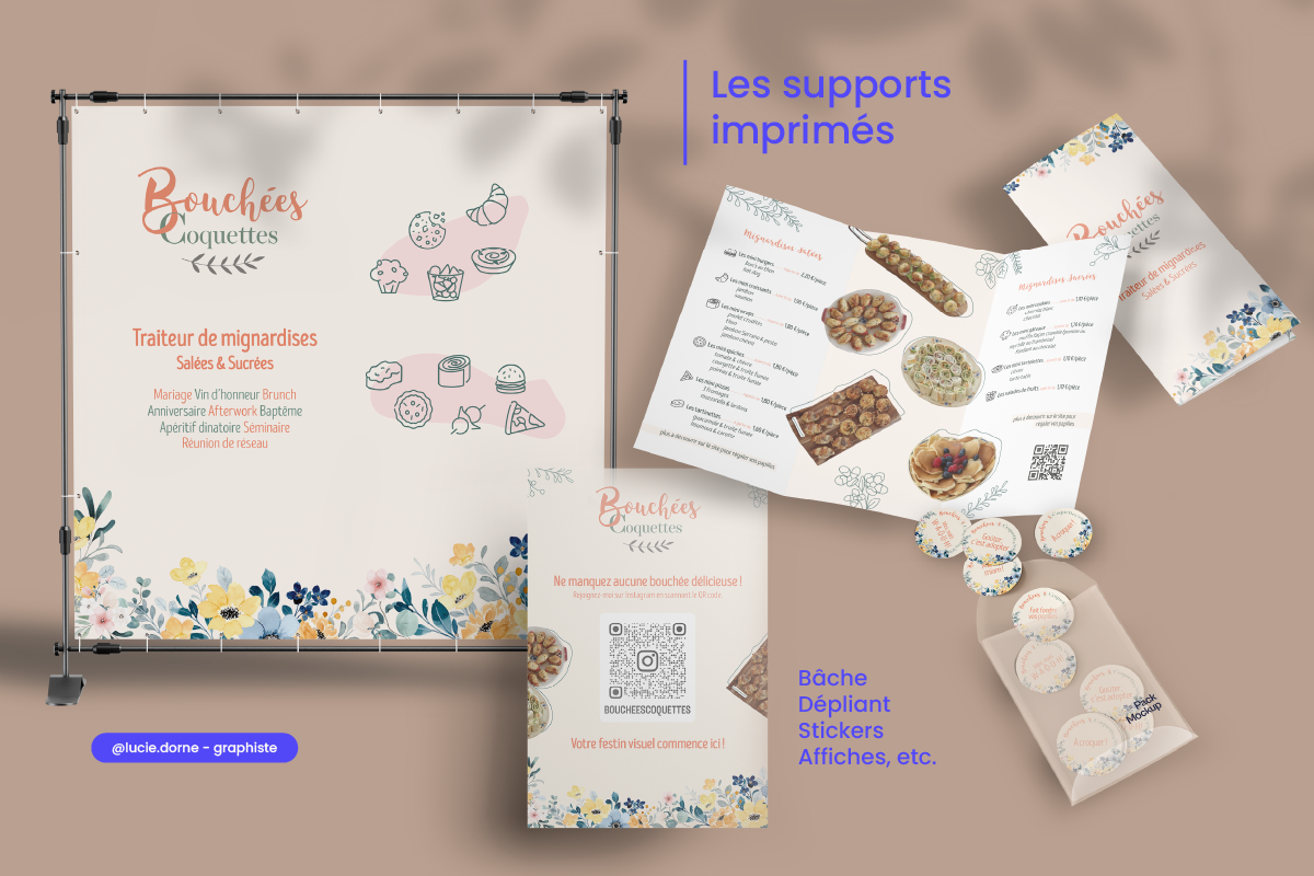 Ensemble des créations réalisées pour bouchées coquettes : bache de 2m par 2 m, dépliant, affiche A4 et set de magnets dans son univers pastel et fleuri