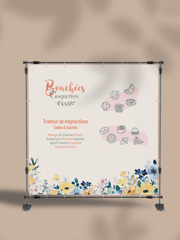 Bache de 2m par 2m pour Bouchées coquettes, traiteur de mignardises, avec des illustrations de cookies, croissant, muffins, salade de fruits, tartelettes, mini wraps, mini burgers, ... dans les teintes pastels