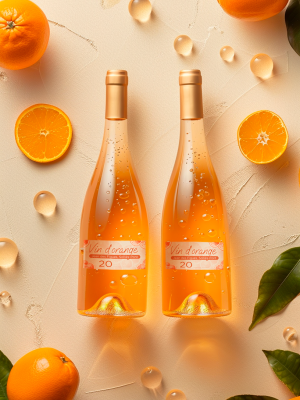 Bouteille de vin d'orange posée sur un fond texturé avec des oranges autour avec une étiquette orangée apposée sur la bouteille